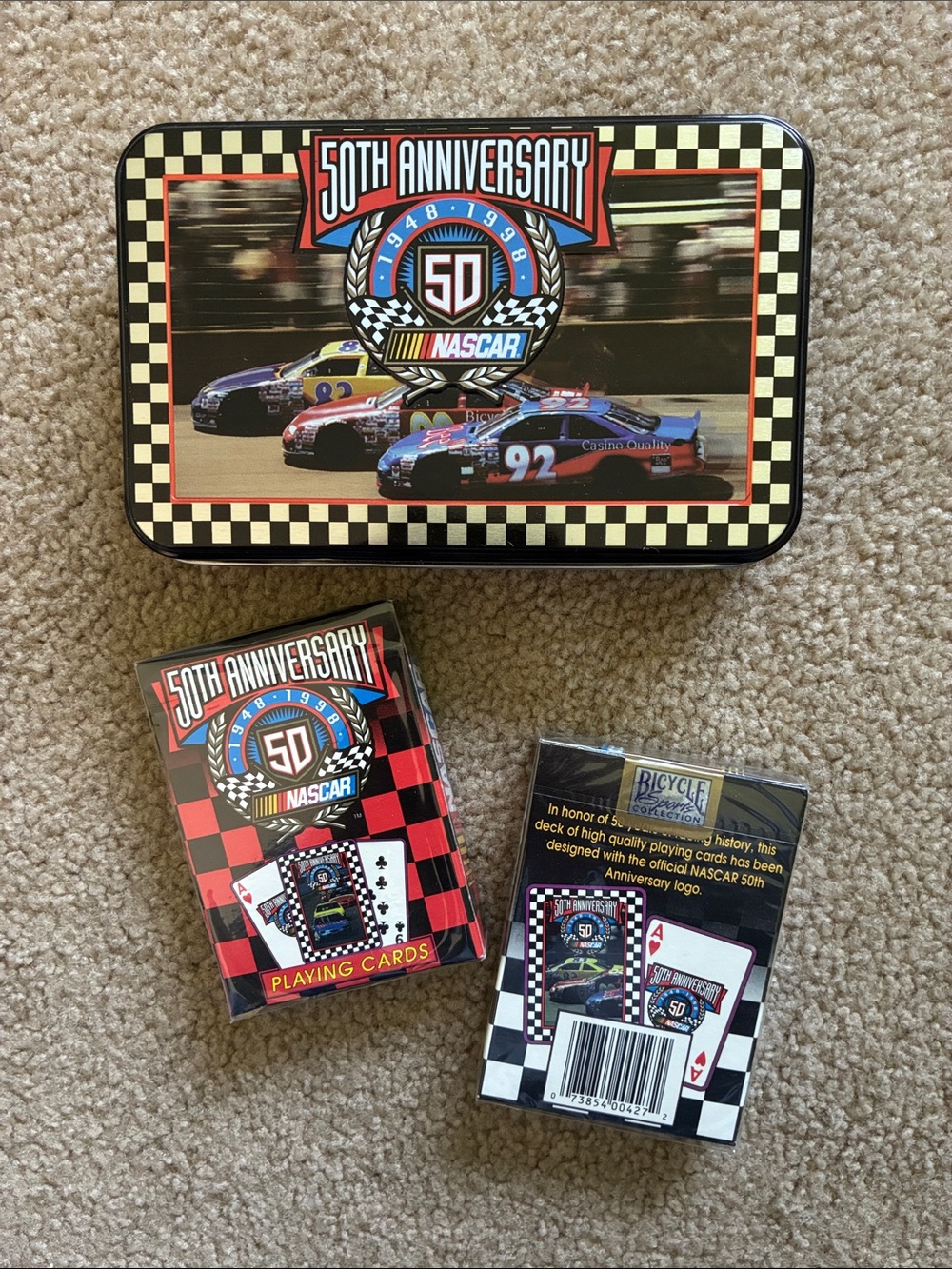1998 Limited Edition Nascar 50th Anniversary Tin & Two Packs Playing Cards
